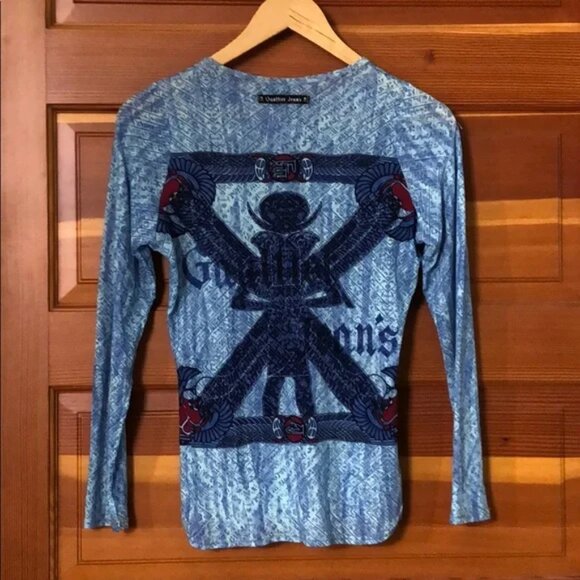 New vintage Gaultier Egyptian scarab mesh semi-sheer Y2K 90's microprint blouse - Picture 14 of 16